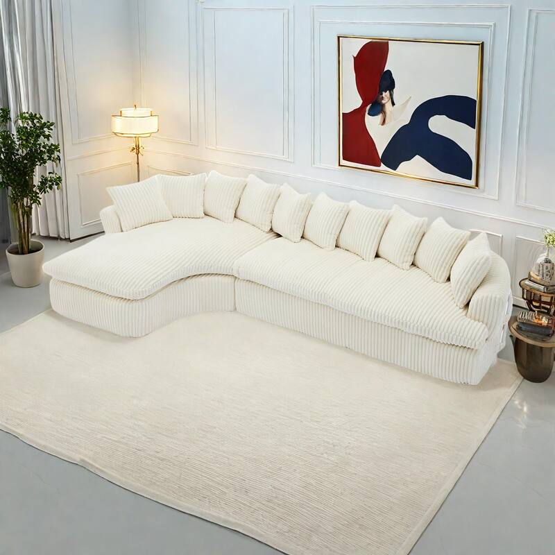 127" Large Corduroy Upholstered L-Shape Modular Sectional Sofa with 10 Pillows, High-Resilience Foam, No Assembly Required聽 - Beige