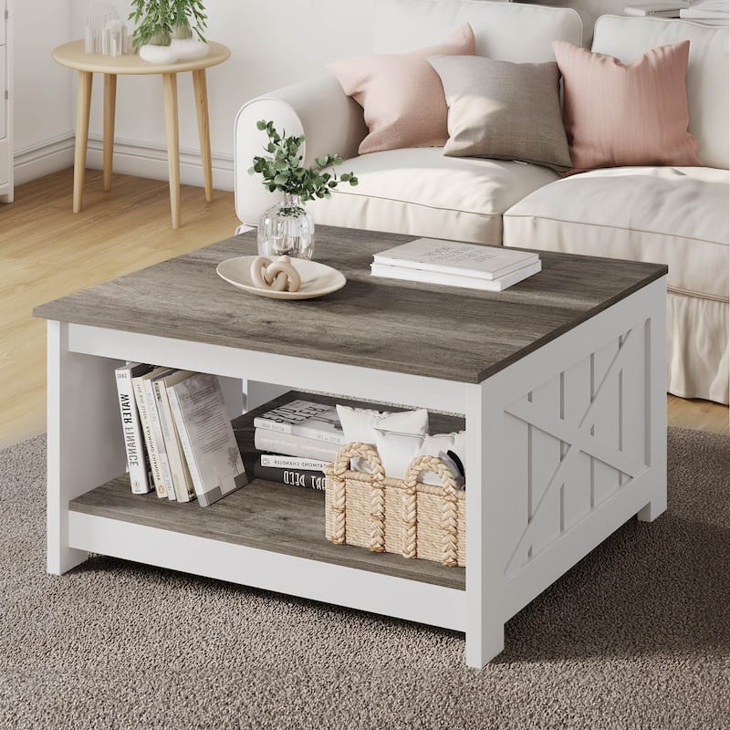 Moasis Farmhouse Coffee Table with Storage for Living Room Square Center Table - Brown/White