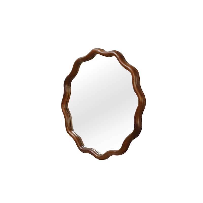 24 inch Wavy Round Solid Wood Frame Decorative Mirror,For Bedroom, Bathroom, Living Room, Entryway