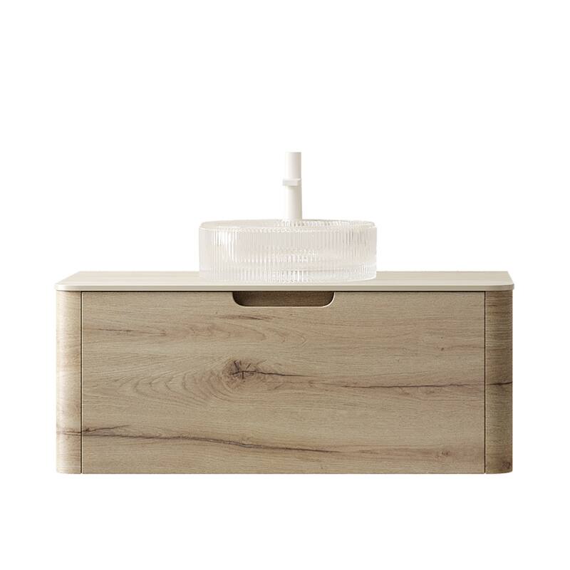 GDFStudio - Xai Floating Bathroom Vanity with Transparent Round Glass Basin, Roma Travertine-Pattern Sintered Stone Top