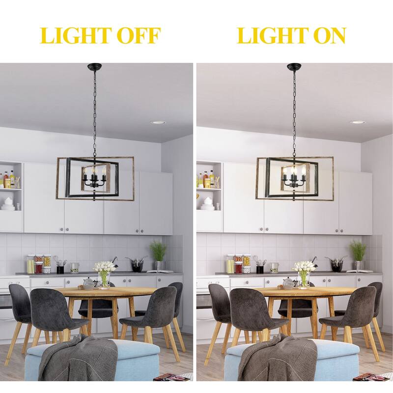 Oaks Aura Wooden Chandelier,Rectangular Frame Pendant Light,Farmhouse Hanging Lamp,Height Adjustable for Living Room,Dining Room