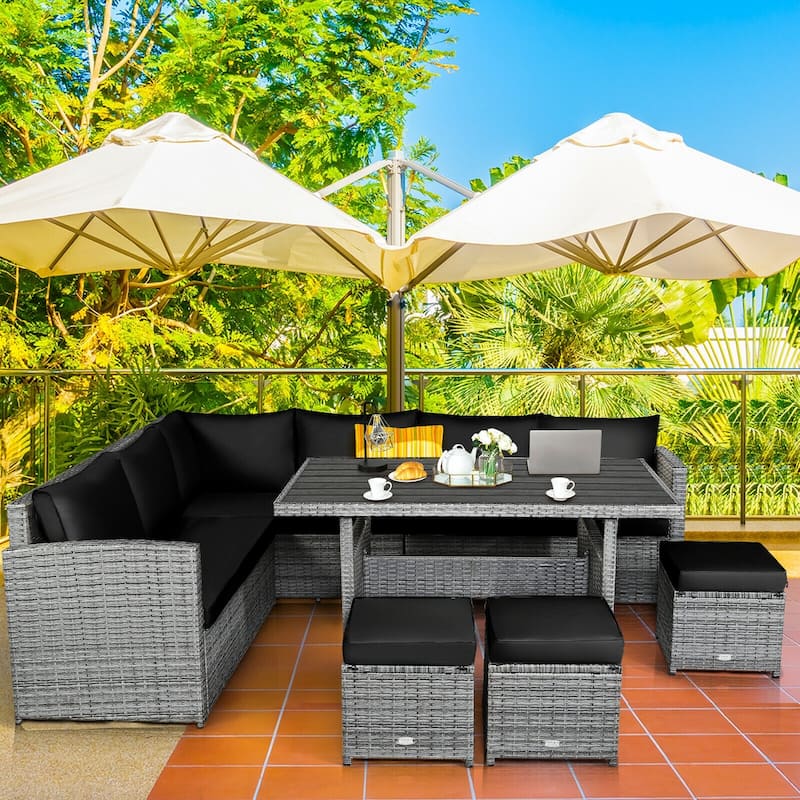7 Pieces Patio Rattan Dining Furniture Sectional Sofa Set with Wicker Ottoman - Table: 52" x 30" x 26"