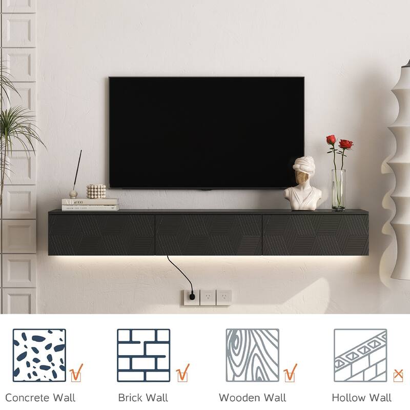 Modern Floating Wall-Mounted TV Cabinet, for 55/60/65 Inch TVs, with 16-Color LED Lighting, for Living Rooms, Black