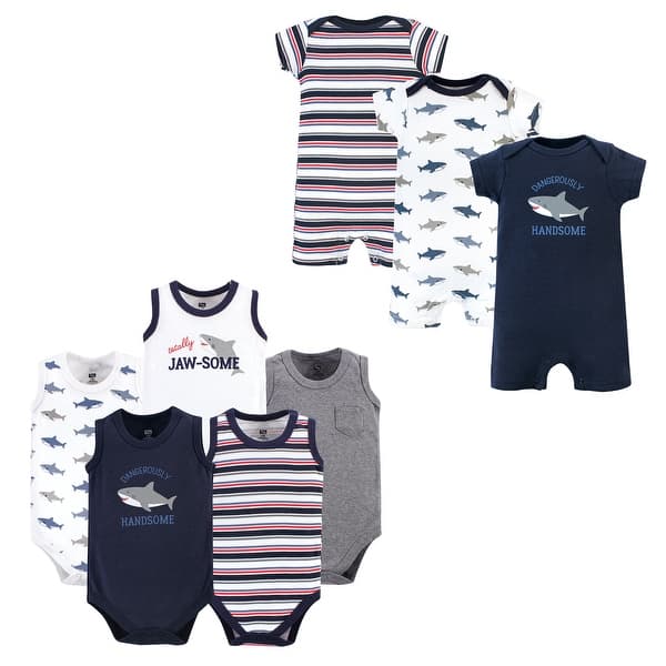 slide 1 of 1, Hudson Baby Infant Boy Cotton Bodysuits and Rompers, 8-Piece, Shark 12 - 18 Months - Blue