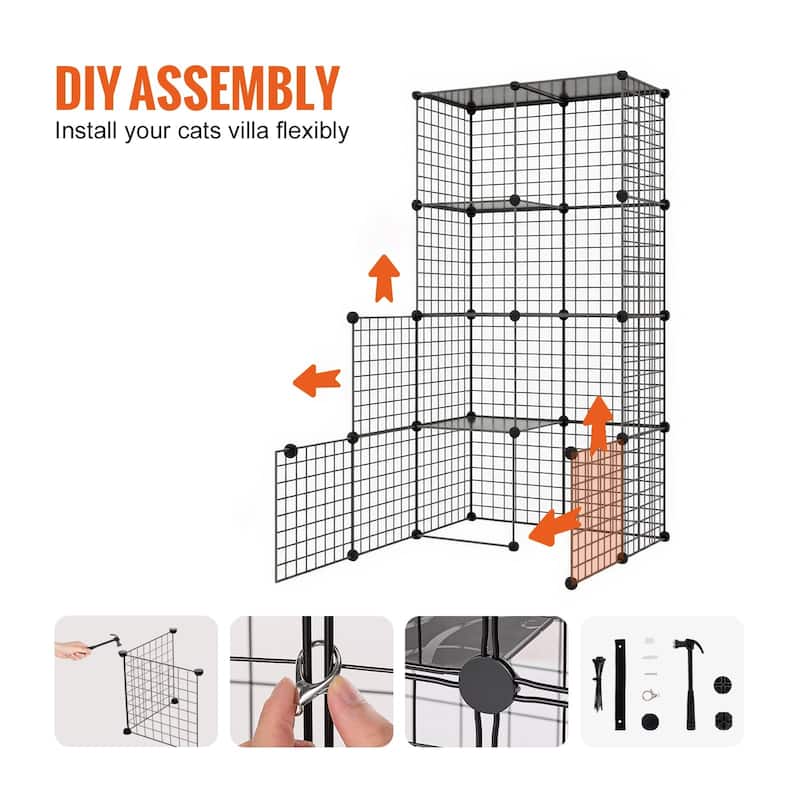 Black 2-Tier Cat Cage with 3 Doors Steel Wire Ramp, Spacious & Sturdy