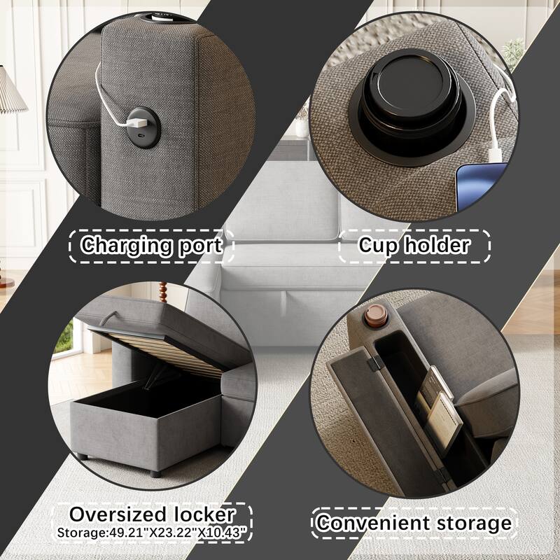 85.8-Inch Sleeper Sofa with Storage,L Shaped Sofa with Pull Out Bed and Charging Port 