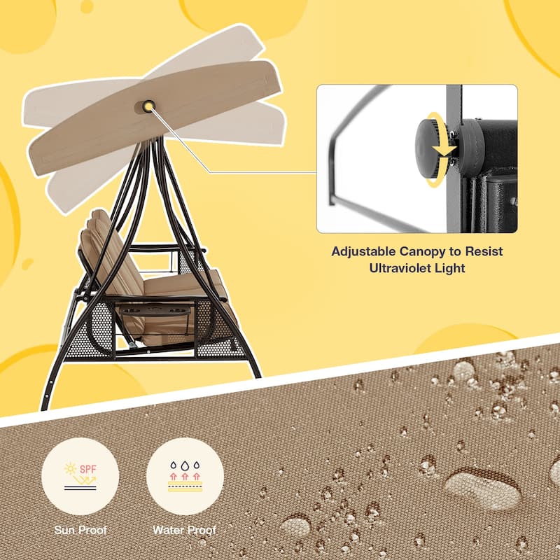 3-Seat Patio Swing with Adjustable Canopy, 750lbs Heavy Duty, Convertible Outdoor Bed, All-Weather, Cup Holders & Thick Cushions