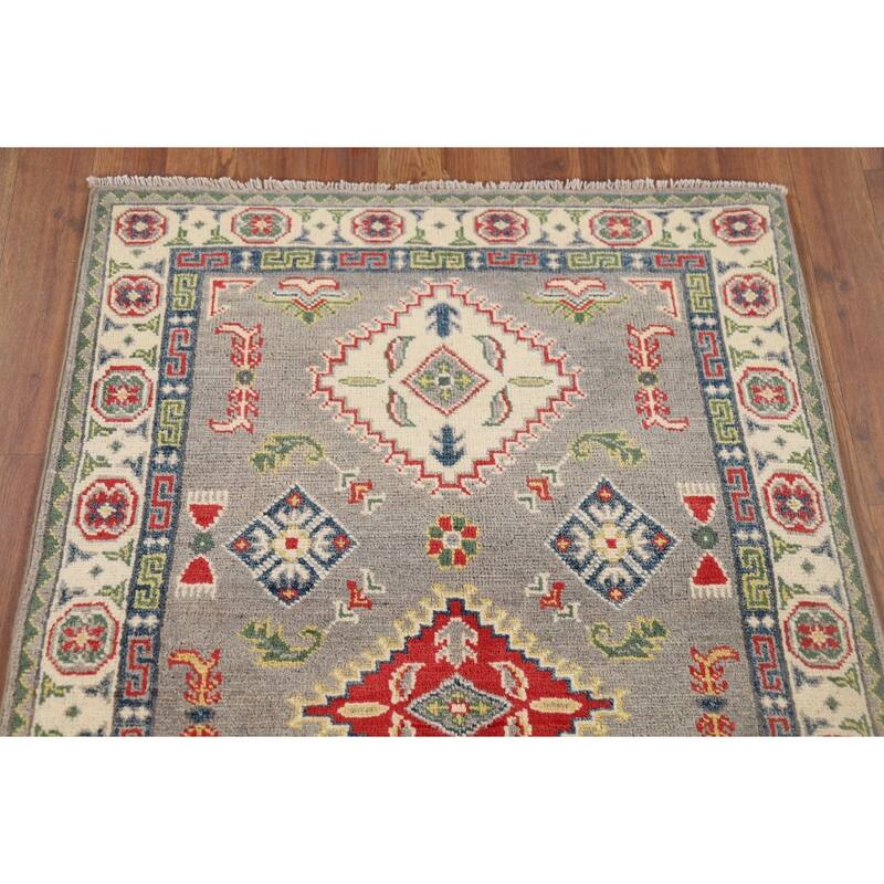 Gray Geometric Kazak Foyer Rug Hand-Knotted Oriental Wool Carpet - 2'8" x 4'1"