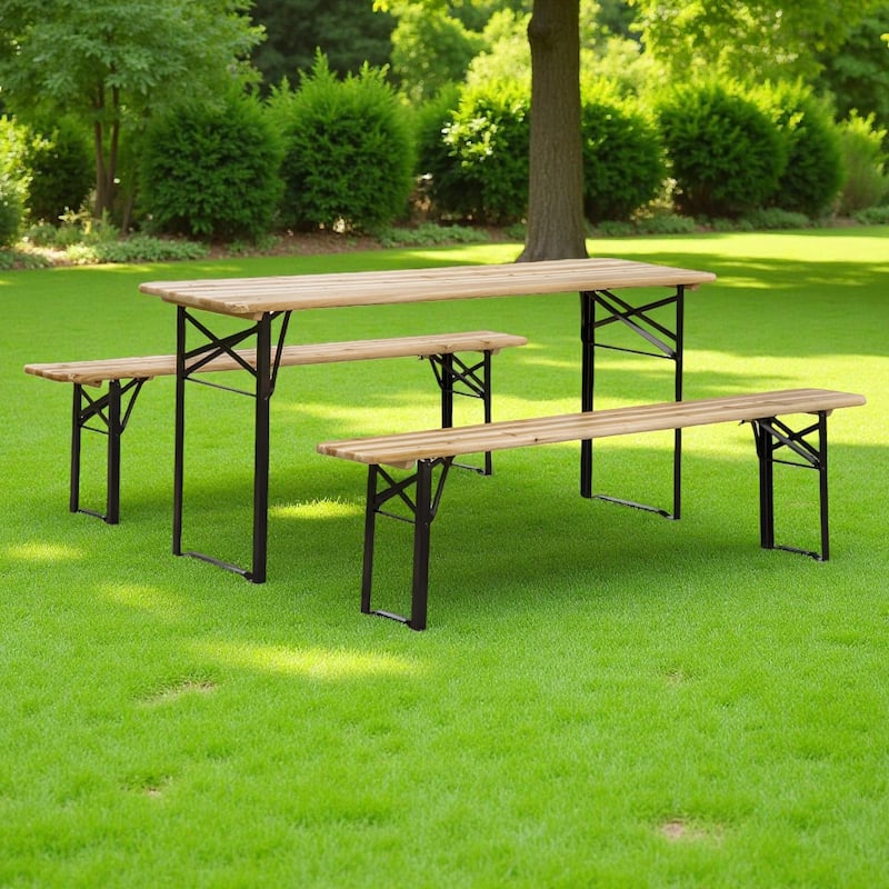 3-Piece Outdoor Patio Wooden Folding Picnic Dining Set for Patio Garden Outdoor Activities - Natural