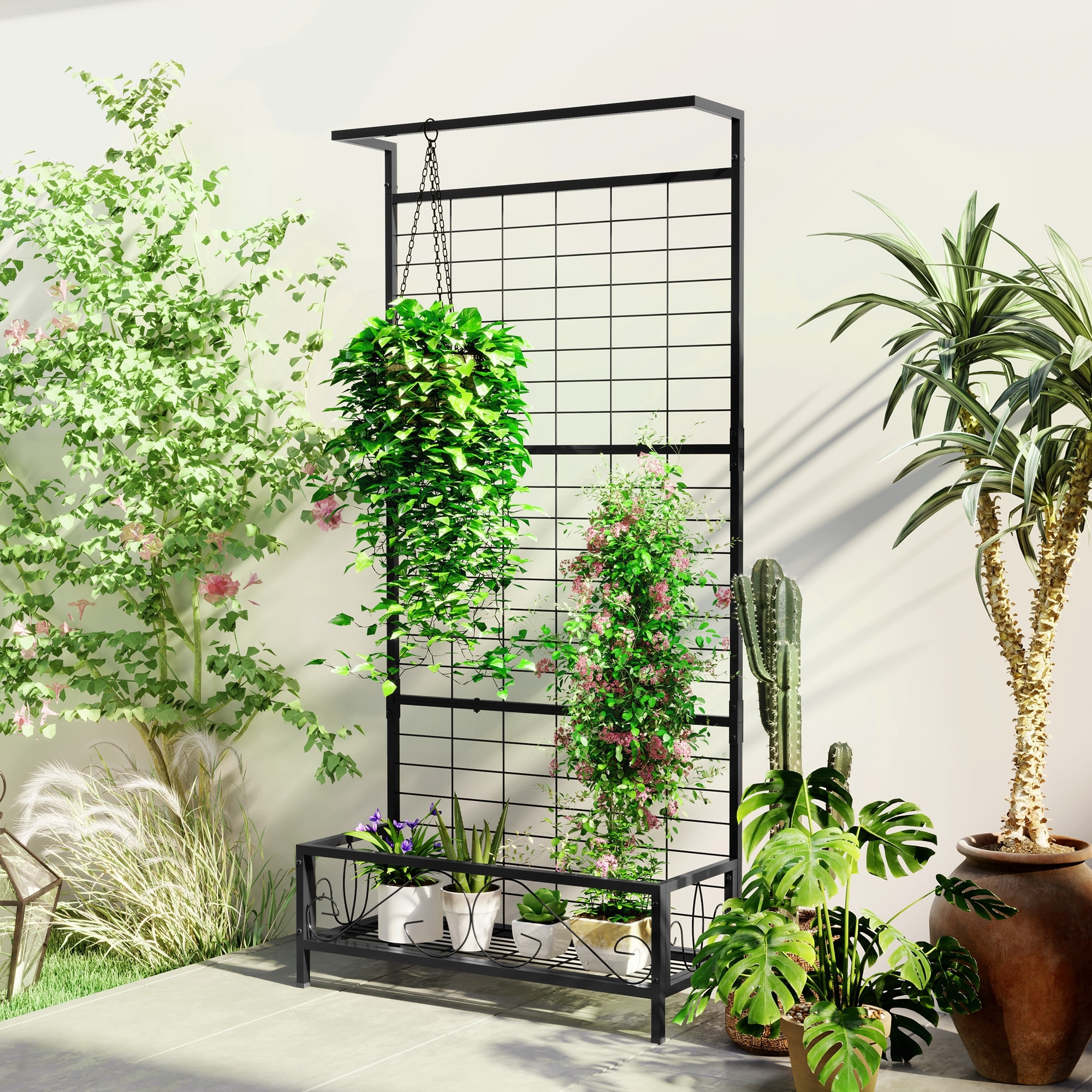 Outsunny Tall Plant Stand with Trellis and Hanging Bar, Metal