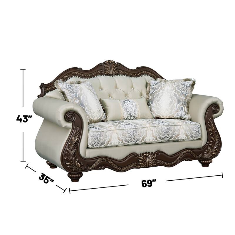 Upholstered Loveseat with Button Tufted Back in Beige and Cherry