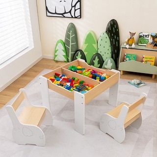 Gymax 4-in-1 Kids Wooden Table & 2 Chairs Set w/ Storage Detachable