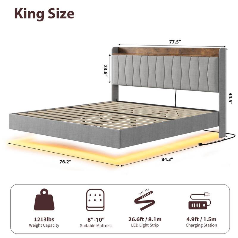 Full/Queen/King Floating Bed Frame with LED Lights & Charging Station, Upholstered Platform Bed with Storage Headboard