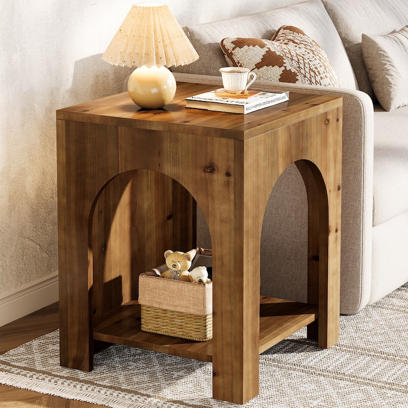 2 Tier End Table for Living Room, Square Couch Side Table for Bedroom, Farmhouse Style - 1-Piece