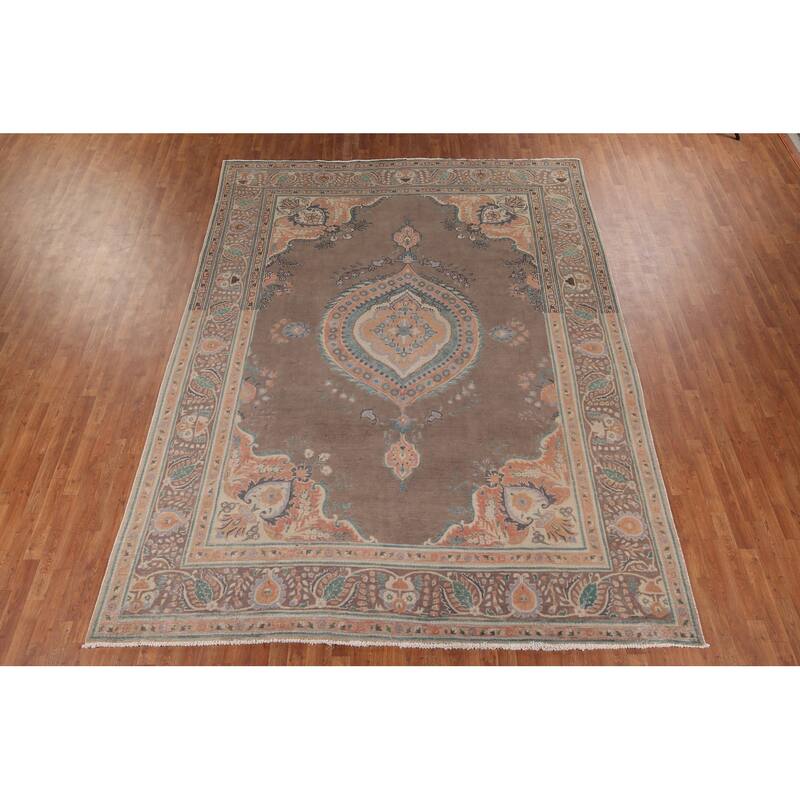Brown Geometric Tabriz Vintage Persian Area Rug Handmade Wool Carpet - 9'4" x 12'5"