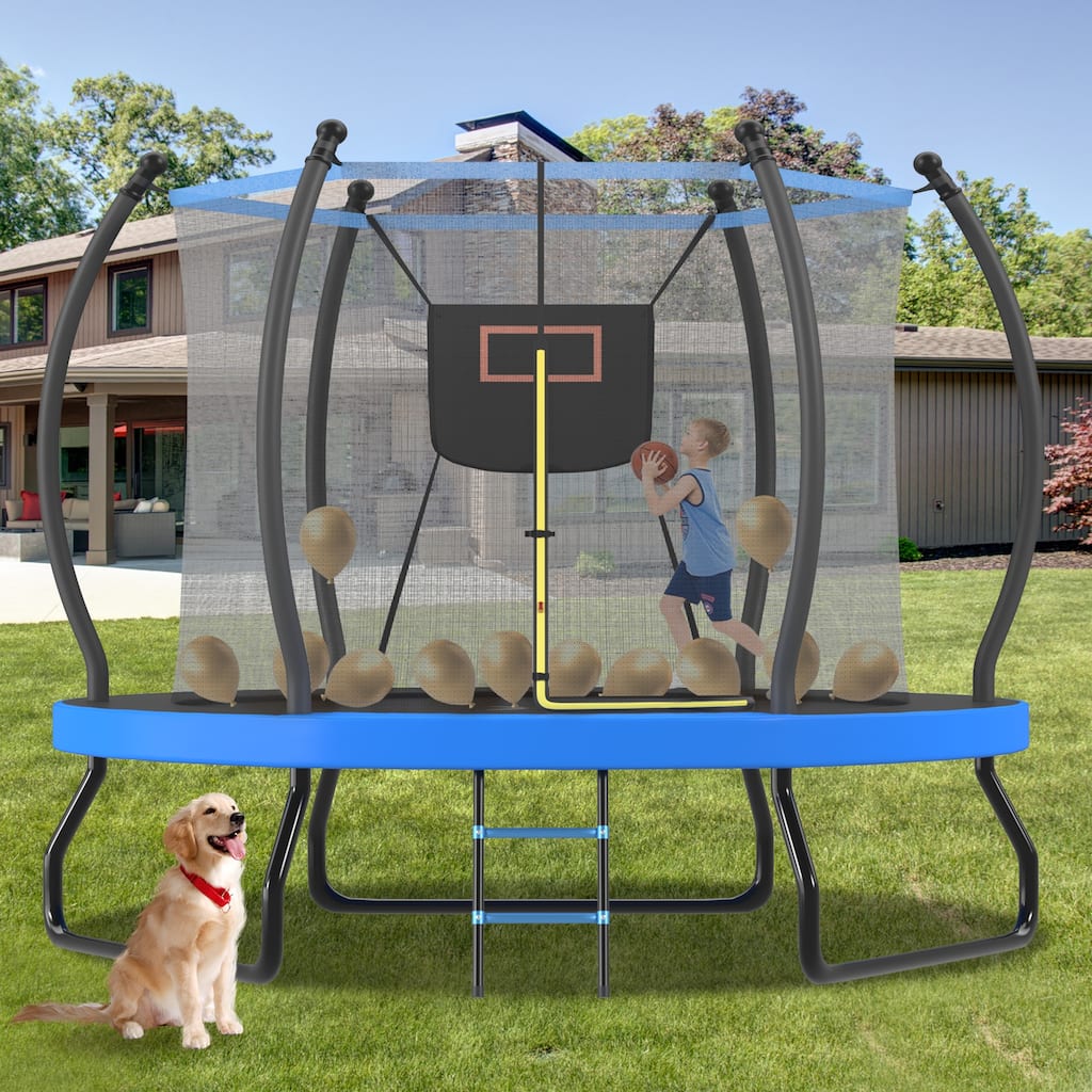 10FT Trampoline with Basketball Hoop, Enclosure net and Ladder, Outdoor Trampoline for Kids, Recreational Backyard Trampoline