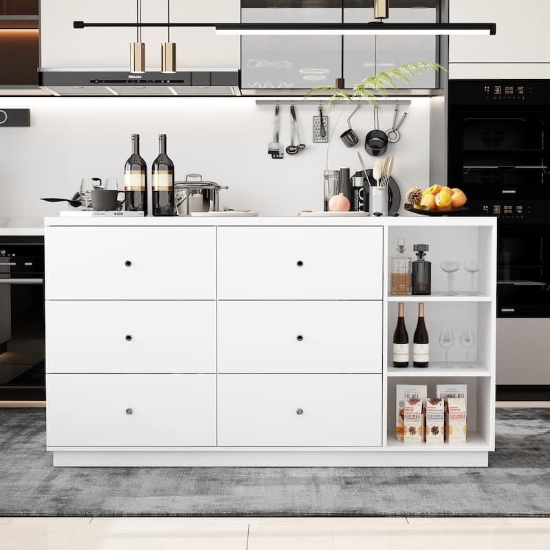 63"W Kitchen Island White Storage Unit with Drawers and Cabinets - 63"