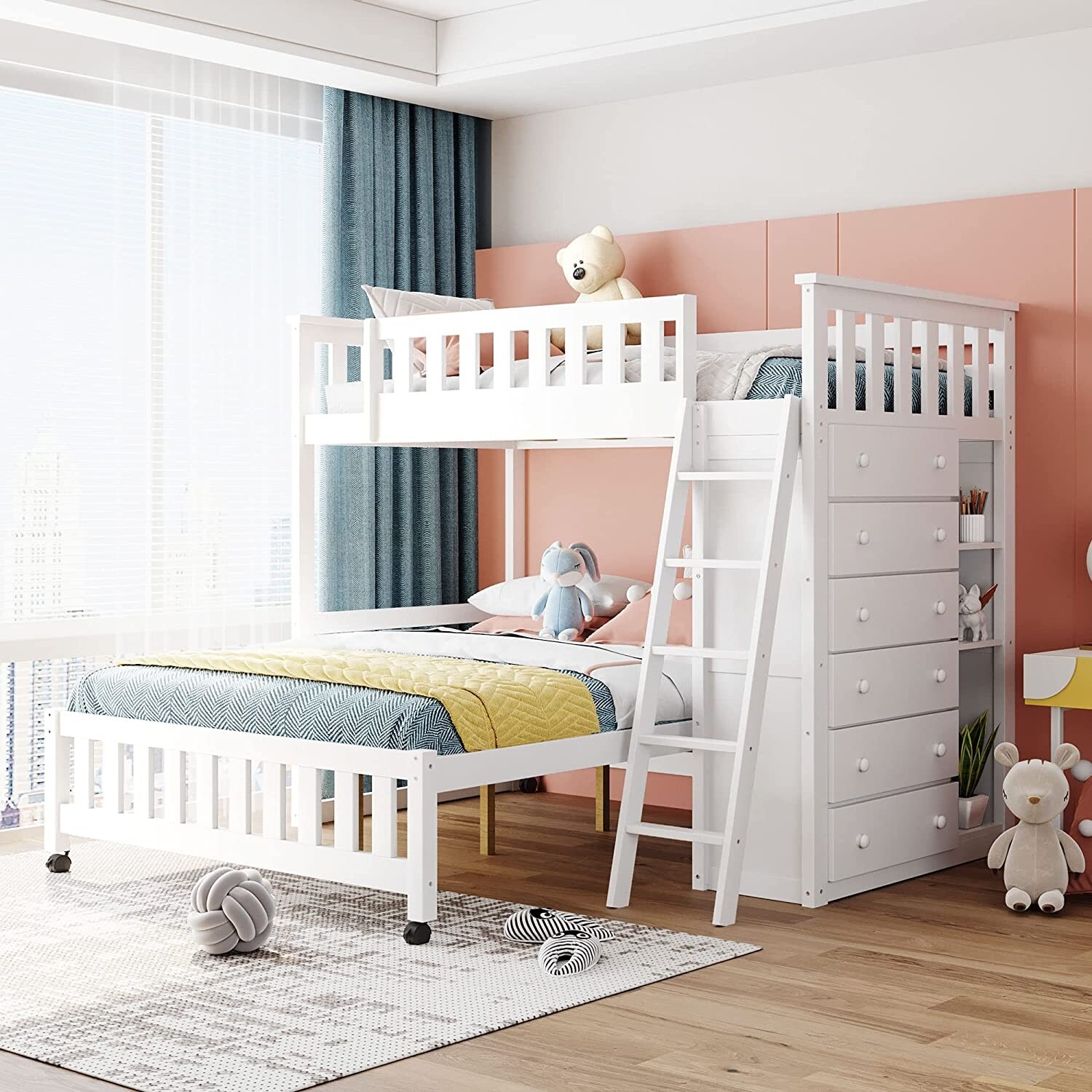 Wooden Twin Over Full Bunk Bed With 6 Drawers Bottom Bed With