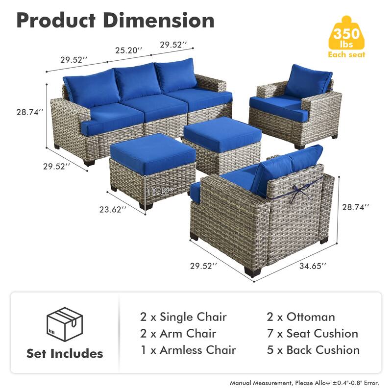 XIZZI 7 Pieces Patio Furniture Wide Armrest Conversation Sofa Set with Ottomans