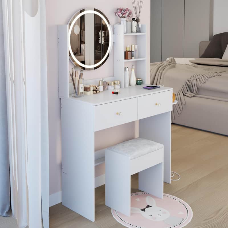 17"Round LED Mirror Vanity Table+Cushioned Stool,With 2 AC+2 USB Power Socket,Touch Switch,3 Colors,Multi-layer Capacity Storage