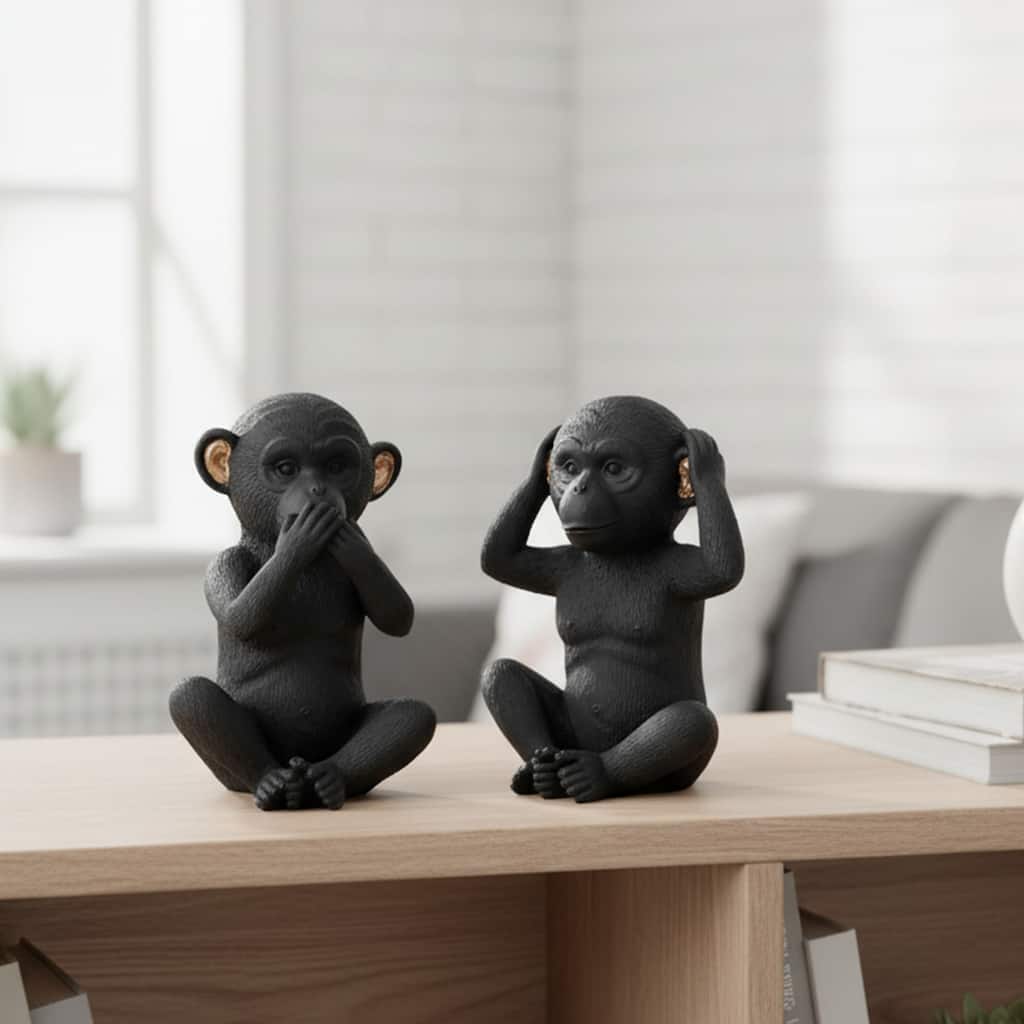 3 Wise Monkeys Speak Hear See No Evil Resin Black Gold Set of 3