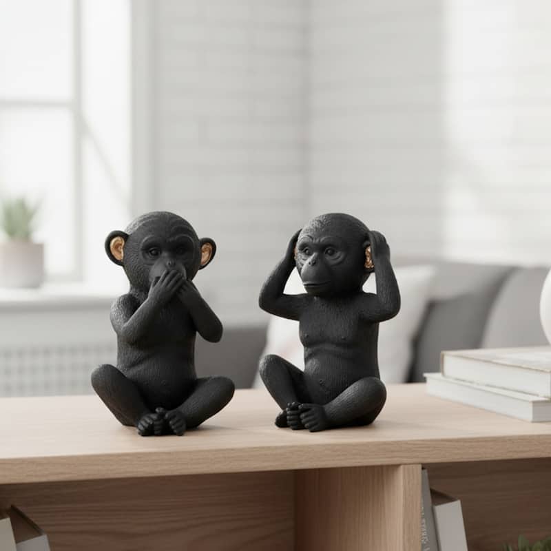 3 Wise Monkeys Speak Hear See No Evil Resin Black Gold Set of 3