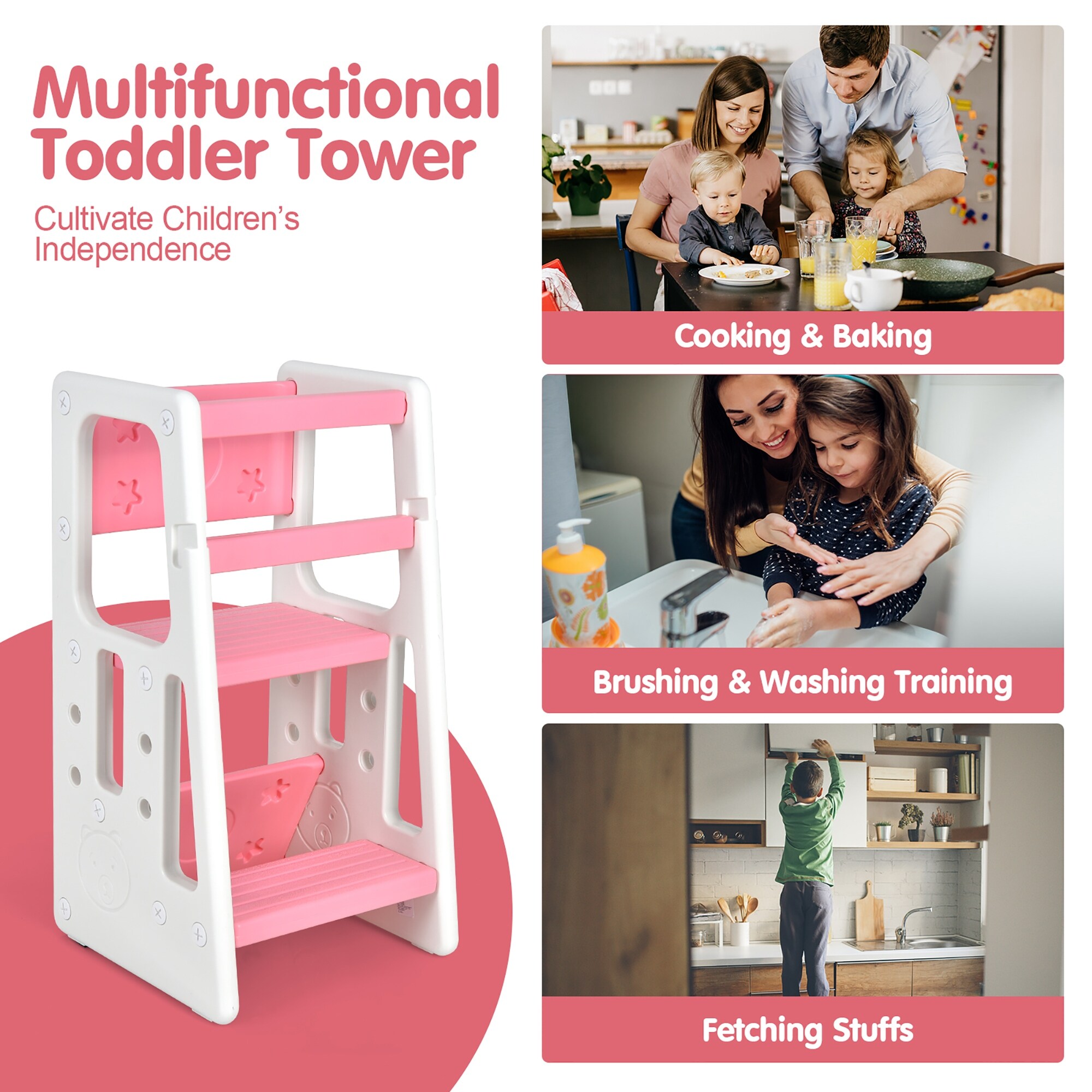 Nursery Kitchen Step Stool w/ 3 Adjustable Heights Toddler Standing Tower  Kids Learning Stool w/Double Safety Rails & Non-Slip Foot Pads Cooking  Stool