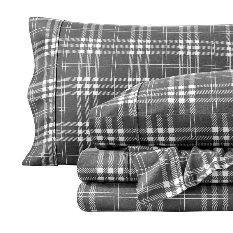 Bare Home Cotton Flannel Sheet Set - Velvety Soft Heavyweight - Full - Stirling Plaid - Grey/White
