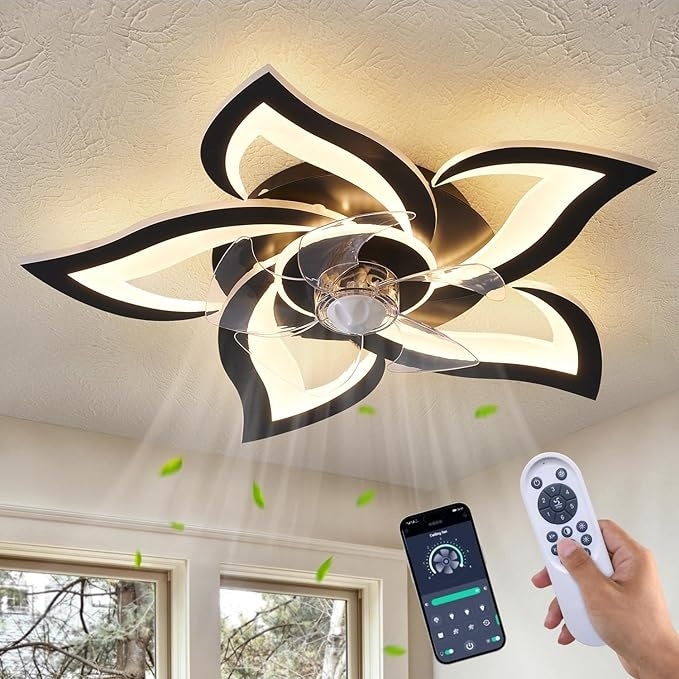 5 PCS Blades Ceiling Fan with Lights Remote Control, 24"Black 6 Speeds 3 Light Color Low Profile Flush Mount Ceiling Fan