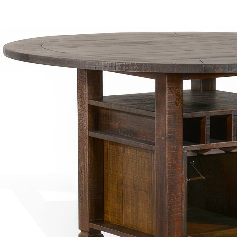 Flint Counter Height Table, 54 Inch Round, Brown Storage Pedestal Base