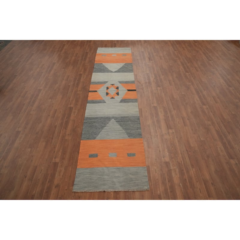 Hand Woven Oriental 100% Wool Carpet Southwestern Modern Greys & Charcoal Kilim Runner Rug - 11' 7'' X 2' 8''