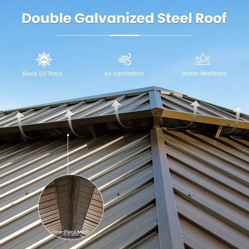 14' X 22' Hardtop Gazebo with Drainage System, Galvanized Steel Roof, Curtains & Netting for Outdoor Patio, Garden Shelter