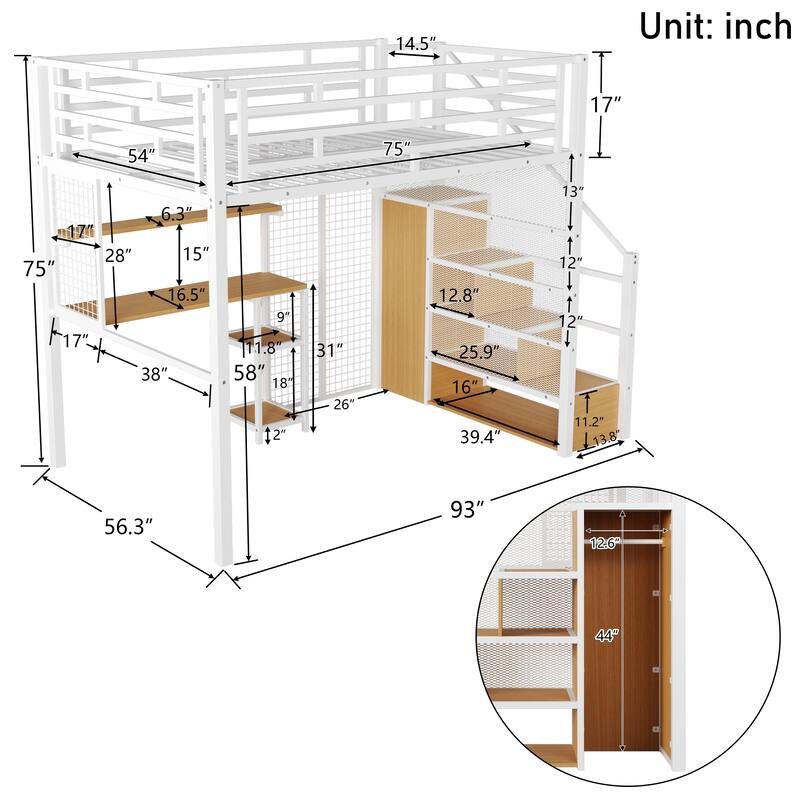 Full Size White Metal Loft Bed with Built-in Wardrobe, Desk & Storage Shelves