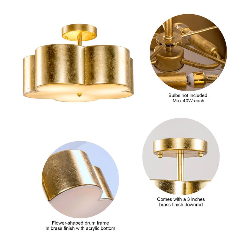 15.4" Distressed Gold 3-Light Flower Semi-Flush Mount Ceiling Light