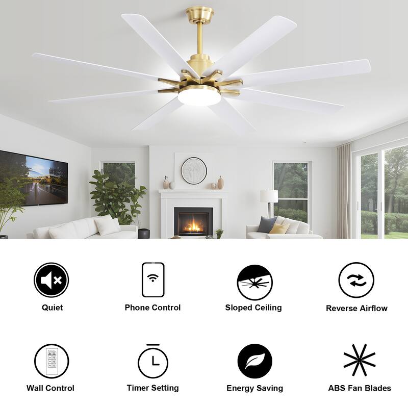 52 Inch/66 Inch/72 Inch Modern Ceiling Fan with Dimmable LED Light ,Remote&APP Control,8 Blades for Large Living Room,Porch
