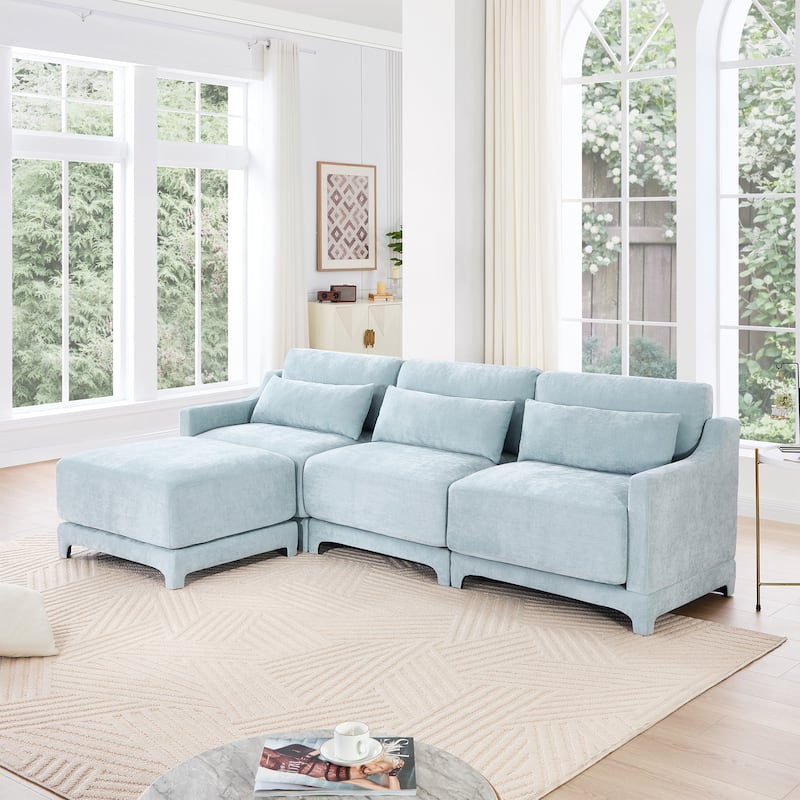 105.9" Chenille 3-Seater Sofa with 2 Ottomans & High-Resilience Sponge Base - Sky Blue