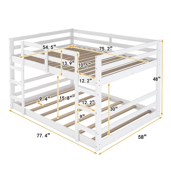 dimension image slide 0 of 3, Multi-Functional Bunk Bed with 2 Built-in Ladder, Solid Wood Bed Frame, Low Bunk Beds with Safety Guardrail for Kids Boys Girls