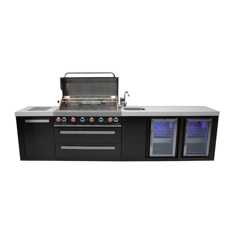 Mont Alpi MAi805-BSSBEVFC 6-Burner Black Stainless Steel Modular Outdoor Kitchen Island Grill + Beverage Center + Fridge Cabinet