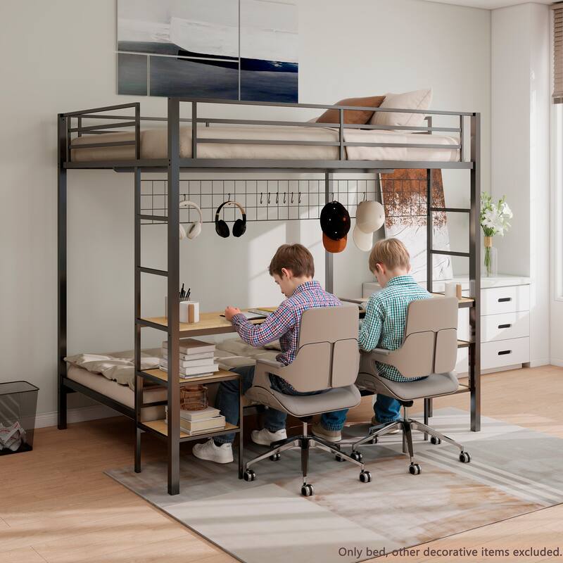 Full Over Twin Bunk Bed with Desk and Charging Station and Storage Shelves and Metal Wire Mesh Panel with Hooks,Guard & Stairs
