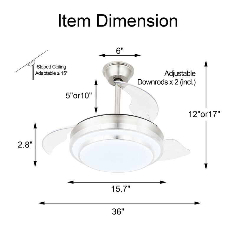 36" Dimmable Retractable Modern Ceiling Fan with Light, 6-Speed Reversible DC Motor Ceiling Fan with Remote - 36