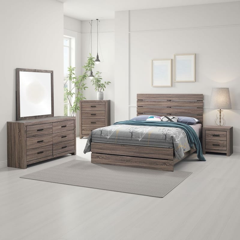 Sili 5pc Queen Bedroom Set with Dresser Mirror, Oak Brown, Dark Bronze