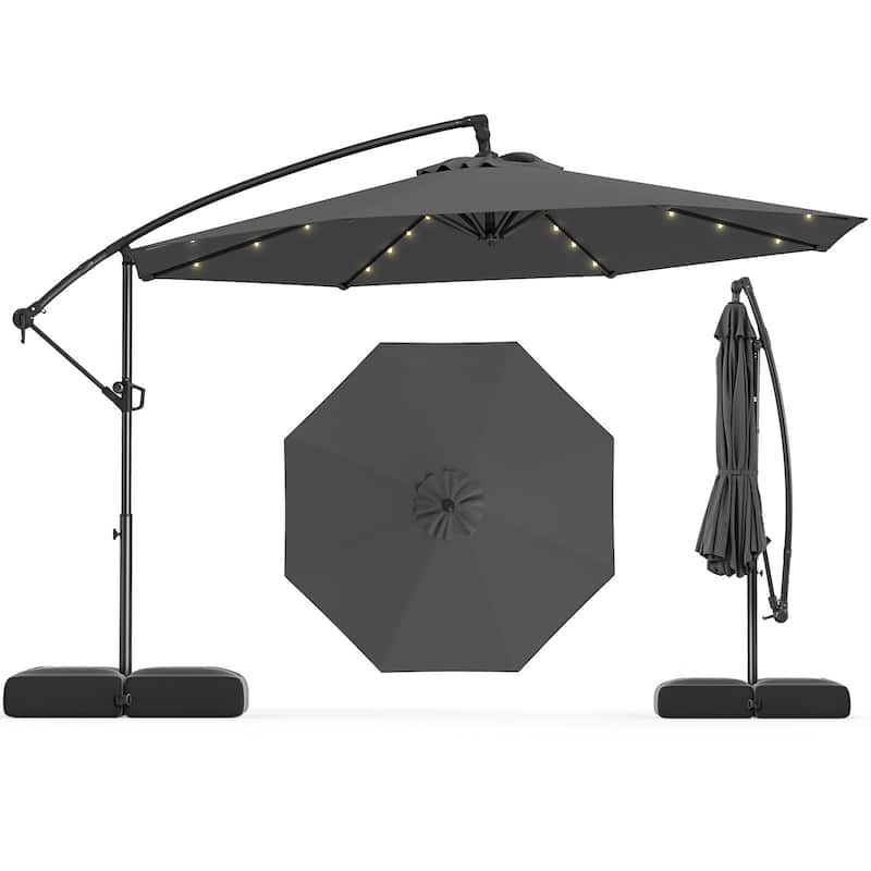 Large 10 Feet Patio Offset Umbrella with Stable Crossed Base and Solar LED Lights for Outdoor