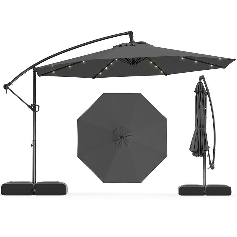 Large 10 Feet Patio Offset Umbrella with Stable Crossed Base and Solar LED Lights for Outdoor