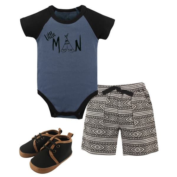 slide 1 of 1, Yoga Sprout Baby Boy Cotton Layette and Shoe 3pc Set, Little Man 0-3 Months - Little Man