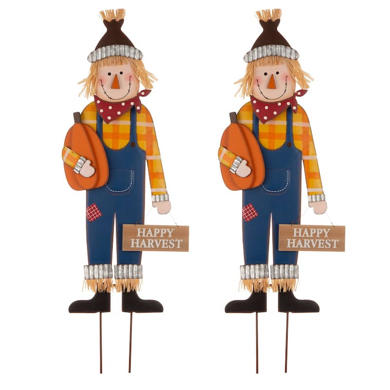 Glitzhome Fall Harvest Metal Scarecrow Yard Stake Thanksgiving Porch Decor - 2PK Boy