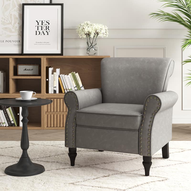 Mid-Century Modern Accent Chairs with Nailhead Trim - Faux Leather - Black