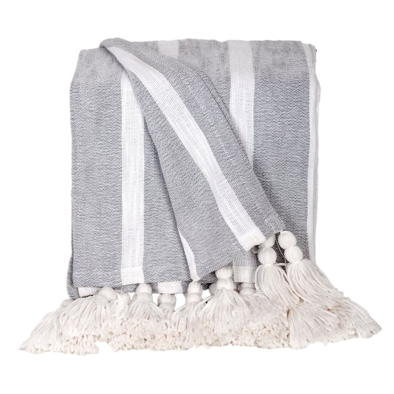 HomeRoots 50" X 60" Gray and White Woven Cotton Striped Throw Blanket with Tassels
