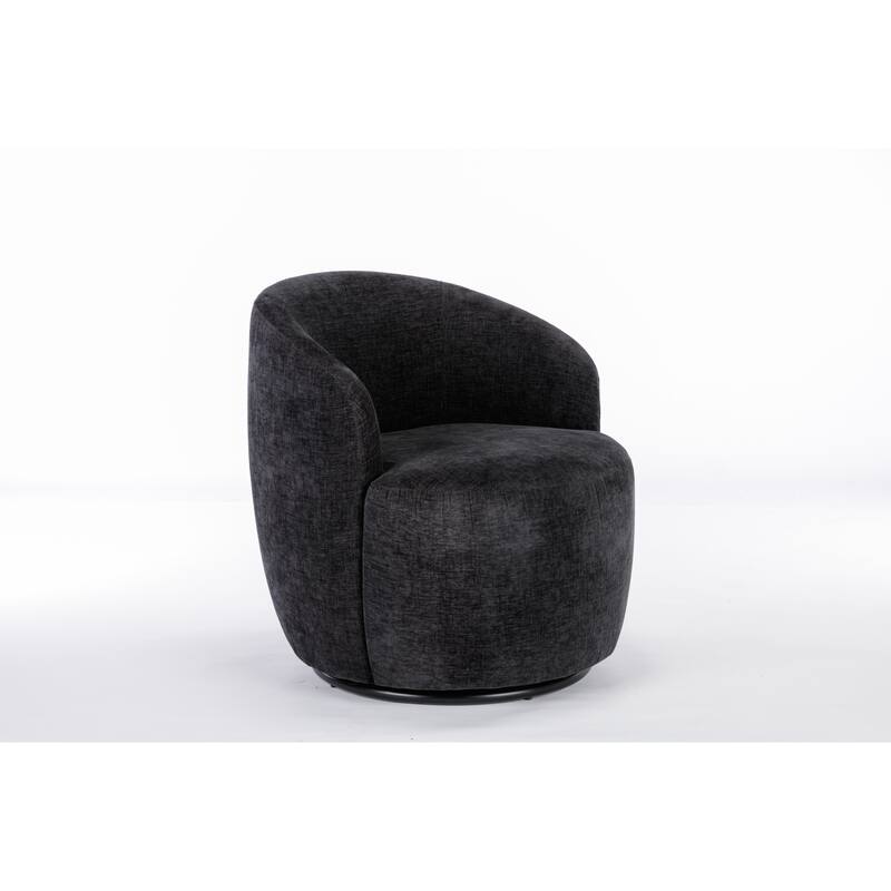 Black Chenille Modern 25.6" Upholstered Swivel Barrel Chair with Black Powder Coating and Metal Ring