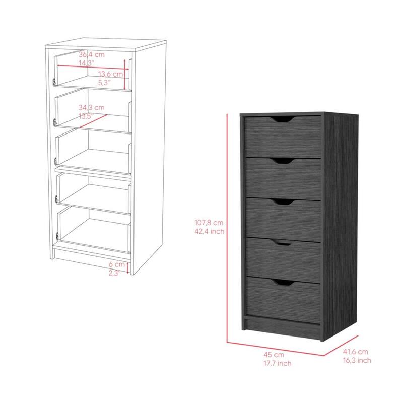 Compact Vertical Wood Dresser with 5 Drawers Slim Chest of Drawers for Bedroom or Office Use