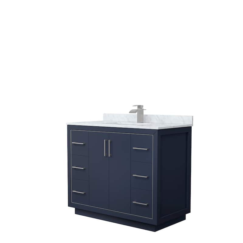 Icon Single Vanity Set, White Carrara Marble Top, No Mirror - 42-Inch Single - Dark Blue, Nickel Trim, White Carrara Marble Top